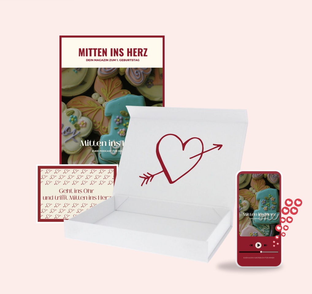 Das perfekte Geschenk zum ersten Geburtstag – Ein personalisierter Podcast für die Ewigkeit!
Feiere den 1. Geburtstag deines Kindes mit einer besonderen Erinnerung: einem individuellen und personalisierten Podcast! Familie und Freunde hinterlassen liebevolle Nachrichten, die für immer bewahrt bleiben.
Was ist im Paket enthalten?
✅ Personalisierter Podcast mit Stimmen der Liebsten
✅ Hochwertiges Magazin als Erinnerungsstück
✅ Edle Geschenkbox für einen besonderen Moment
Preis: ab 169 € (abhängig von Anzahl der Botschaften & Gestaltung)
Sichere dir jetzt deinen Mitten ins Herz Podcast zum ersten Geburtstag und halte die schönsten Momente für immer fest! 💫