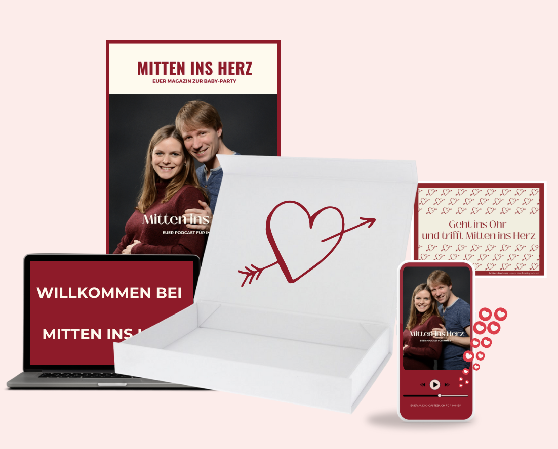 Das ultimative Baby-Party-Geschenk: Der Premiumplan von Mitten ins Herz bietet einen einzigartigen Podcast mit individuellen Podcastfolgen pro Gast, ein individuell gestaltetes Erinnerungsmagazin, eine stilvolle Geschenkbox und exklusiven Online-Zugang zu allen Botschaften. Zusätzlich enthält der Premiumplan eine emotionale Begrüßungsfolge, die die Baby-Party perfekt abrundet. Dieses unvergessliche Geschenk lässt die werdenden Eltern auch nach der Baby-Party noch in Erinnerungen schwelgen. Der Premiumplan ist der Favorit unter den Baby-Party-Geschenken – jetzt buchen ab 299,00€ und den werdenden Eltern eine Freude fürs Leben machen!