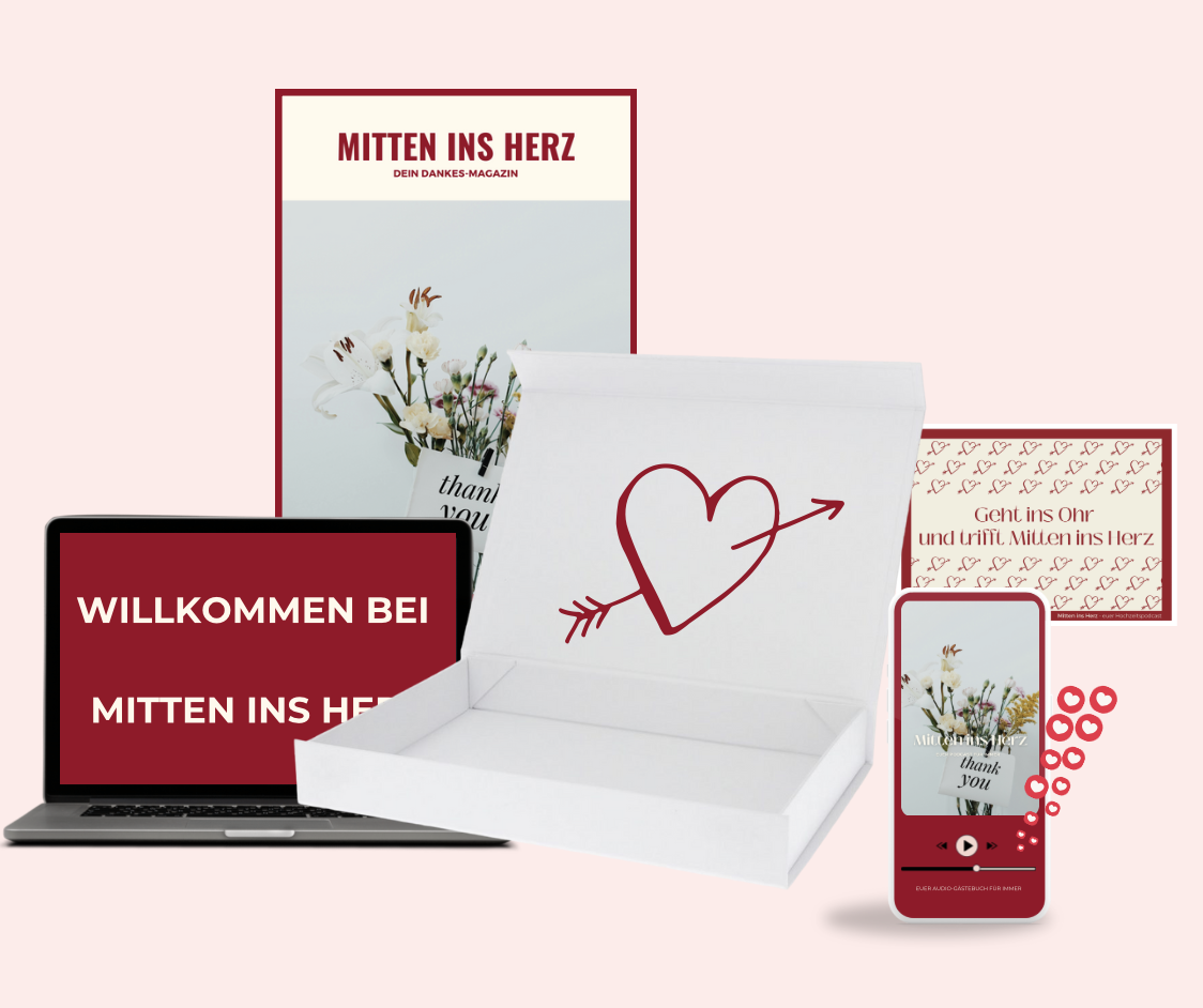 Der Premium-Dankes-Podcast – Persönliche Erinnerungen, die bleiben! Mit dem Dankes-Podcast-Geschenk im Premiumplan von Mitten ins Herz verschenkt ihr einzigartige Erinnerungen, die ins Herz gehen. Perfekt für besondere Menschen oder als emotionales Dankeschön.
Was beinhaltet der Premiumplan?
✅ Personalisierter Audio-Podcast
✅ Individuelles Dankes-Magazin mit Bildern & Geschichten
✅ Exklusive Geschenkbox mit liebevollem Design
✅ Personalisierte Landingpage zum Download der Dateien
Das perfekte Geschenk, um besondere Momente für immer zu bewahren.