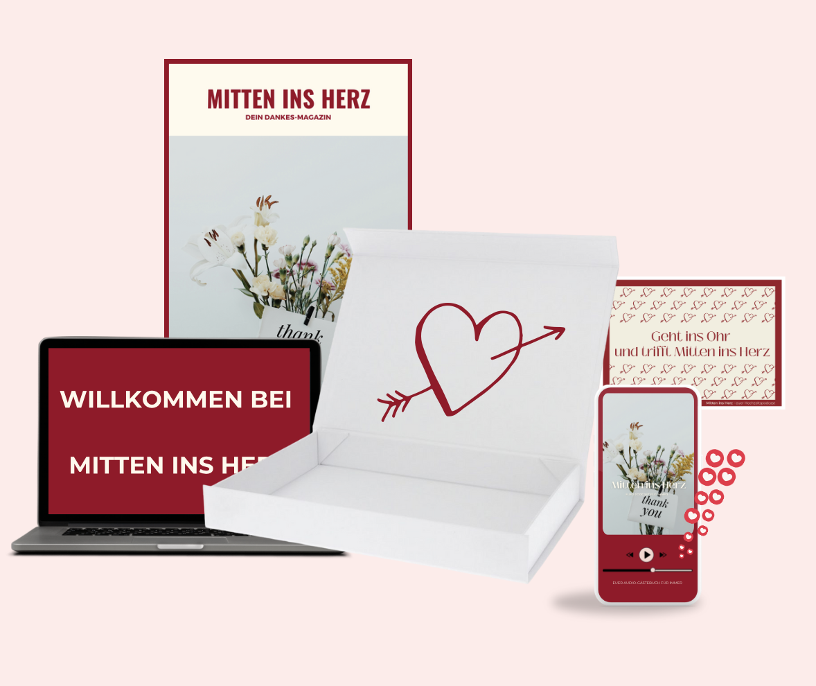 Das perfekte Dankesgeschenk: Personalisiertes Audio-Geschenk & Jubiläumsmagazin! Mit Mitten ins Herz erschafft ihr eine einzigartige Erinnerung, die bleibt! Unser Dankes-Podcast-Geschenkset kombiniert einen individuellen Podcast , ein Jubiläumsmagazin und eine liebevolle Präsentation – perfekt für Hochzeiten, Jahrestage oder besondere Momente.
Was ist enthalten?
✅ Persönlicher Audio-Podcast mit Sprachnachrichten der Liebsten
✅ Exklusives Jubiläumsmagazin mit euren schönsten Erinnerungen
✅ Liebevoll gestaltetes Geschenkset für eine unvergessliche Überraschung
Ein Geschenk, das direkt ins Herz geht – weil Worte für die Ewigkeit sind!