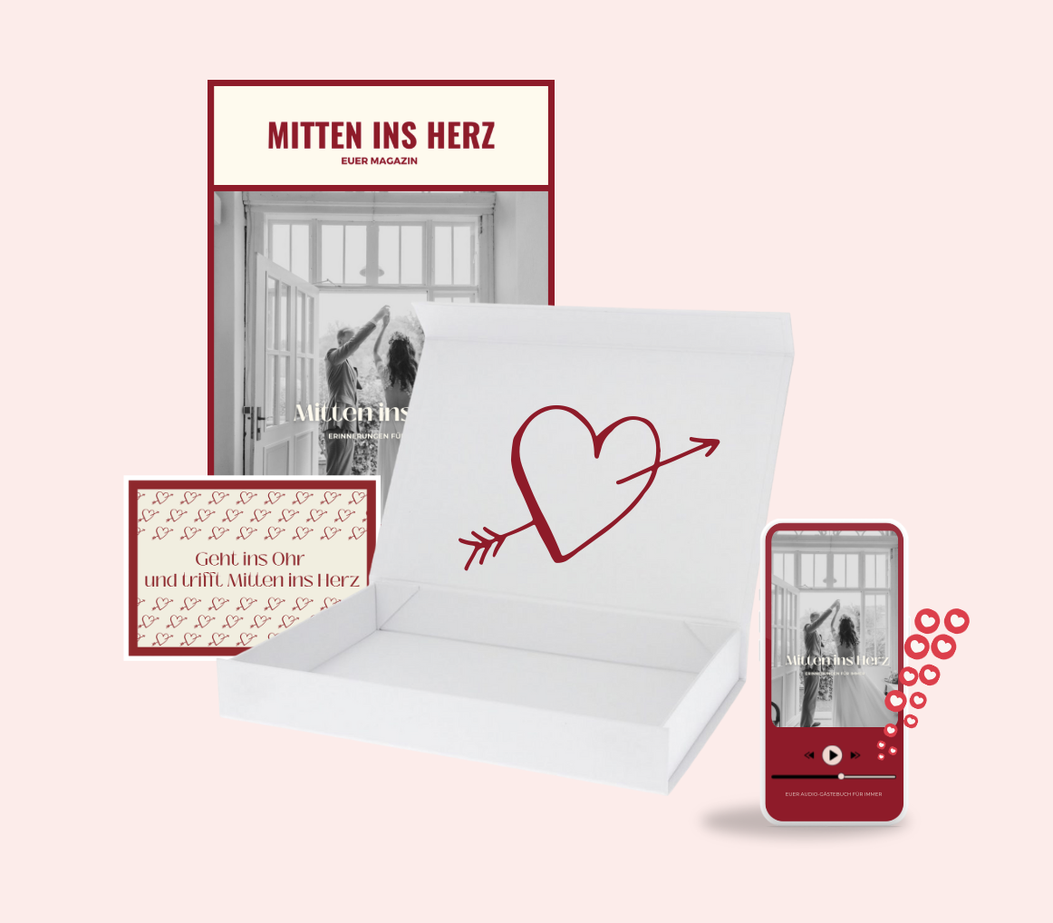 Flitterwochen-Podcast als Geschenk – Standardplan. Überrasche deinen Ehepartner oder deine Ehepartnerin mit einem personalisierten Podcast von Mitten ins Herz! Inklusive hochwertigem Magazin, liebevoll gestalteter Geschenkbox und digitalem Zugang zu eurem einzigartigen Erinnerungspodcast für die Ewigkeit.
Perfekt als romantische Überraschung für die Flitterwochen, um eure Liebe und eure Geschichte in Worten festzuhalten.
➡️ Jetzt entdecken & unvergessliche Momente schenken schon ab 169,00€.