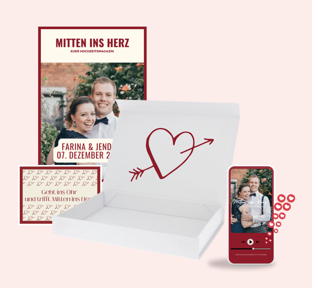 Das perfekte Hochzeitsgeschenk für das Brautpaar: Der Standardplan von Mitten ins Herz beinhaltet ein personalisiertes Audio-Geschenk mit liebevollen Sprachnachrichten von Freunden und der Familie, ein hochwertiges Erinnerungsmagazin sowie eine stilvolle Geschenkbox. Sodass Du nicht mehr leeren Händen zur Hochzeit kommst. Das Brautpaar bekommt emotionale Botschaften, Anekdoten und Überraschungen, die sie für immer konserviert haben und sie an ihren besonderen Tag erinnern werden. Dieses einzigartige Geschenk für die Hochzeit sorgt für Gänsehautmomente und bleibt unvergessen. Jetzt den Standardplan buchen – ab 169,00€ – und dem Brautpaar ein Geschenk machen, das zählt!