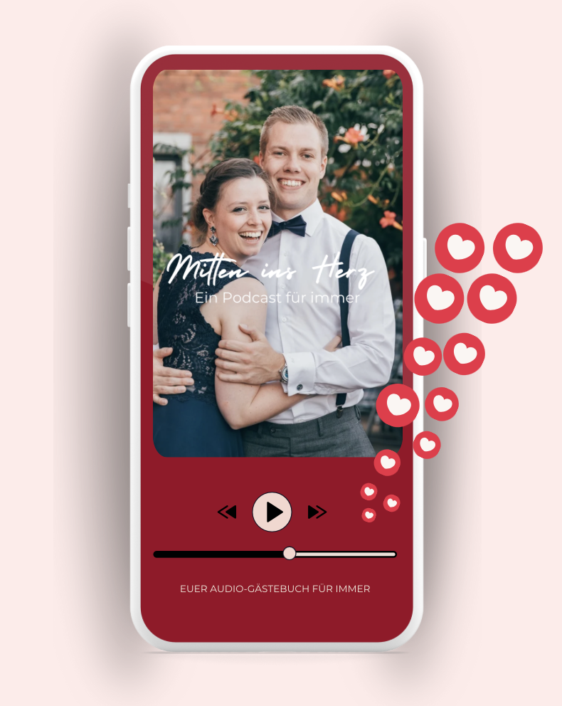 Ein personalisierter Podcast als Hochzeitsgeschenk für das Brautpaar – der personalisierte Podcast von Mitten ins Herz macht Erinnerungen hörbar und für immer abrufbar. Die beste Freunde, die Familie oder alle Gäste der Hochzeit können damit ein einzigartiges Geschenk gestalten, das auf das Brautpaar abgestimmt ist. Enthalten sind liebevolle Sprachnachrichten von all den Gästen, die bei dem Geschenk mitwirken möchten. Im Vordergrund steht die gemeinsame Zeit die man zusammen mit dem Brautpaar erlebt hat und was man ihnen für die Zukunft wünscht. Es geht definitiv über die klassischen Wünsche drüber hinaus. Perfekt für alle, die nach einem individuellen und einzigartigem Hochzeitsgeschenk suchen, das lange über den Tag hinaus wirkt. Mitten ins Herz erstellt das perfekte Audio-Geschenk für den Hochzeitstag. Zum Verschenken und bewahren. Ein Geschenk für immer.