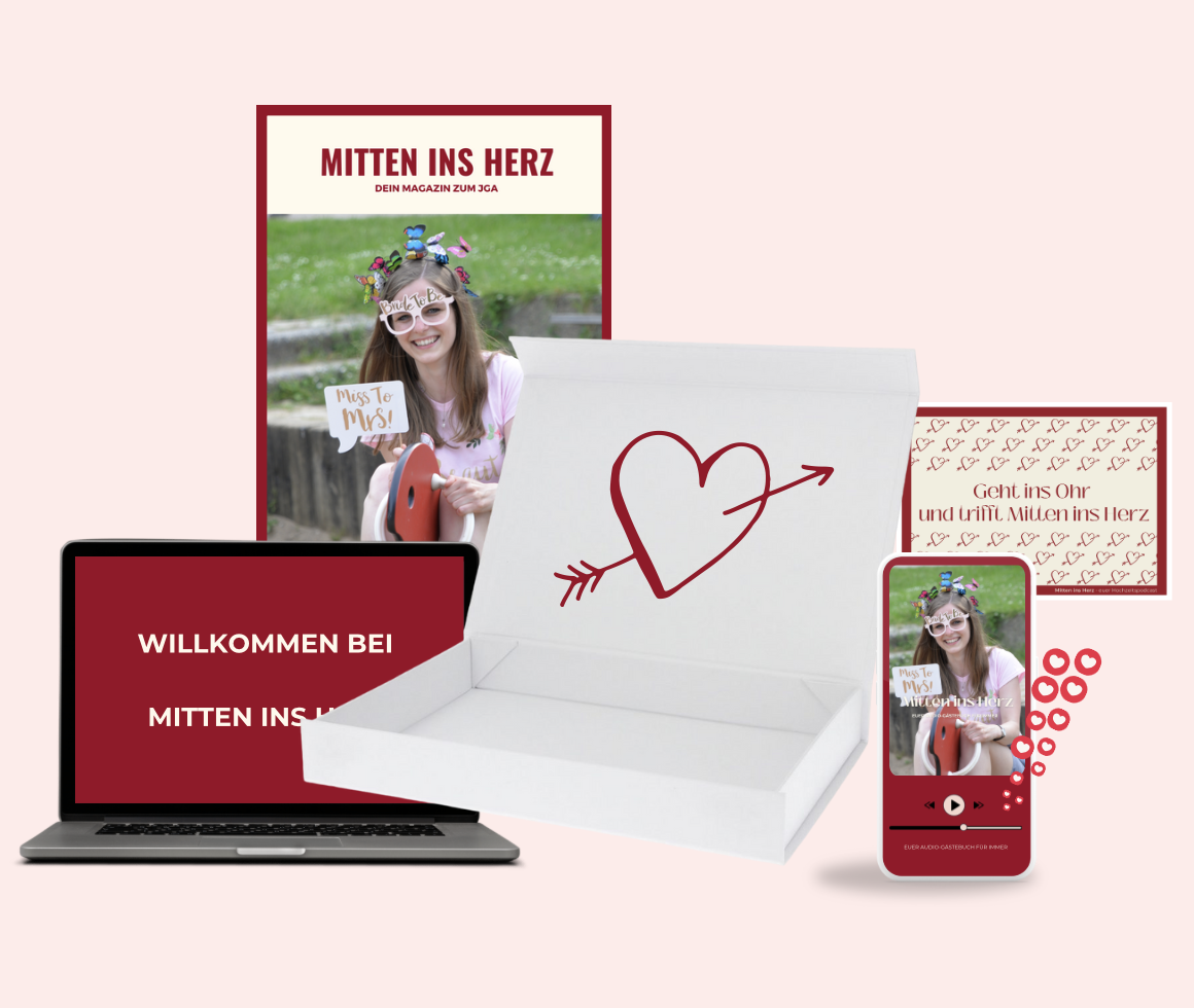 Das ultimative JGA-Geschenk für die Braut: Der Premiumplan von Mitten ins Herz bietet ein einzigartiges Audio-Erlebnis mit persönlichen und individuellen Podcastfolgen pro Gast, ein individuell gestaltetes Erinnerungsmagazin, eine stilvolle Geschenkbox und exklusiven Online-Zugang zu allen Botschaften. Zusätzlich enthält der Premiumplan eine emotionale Begrüßungsfolge, die den Junggesellinnenabschied perfekt abrundet. Dieses unvergessliche Geschenk lässt die Braut auch nach der Hochzeit in Erinnerungen schwelgen. Der Premiumplan ist der Favorit unter den JGA-Geschenken – jetzt buchen ab nur 299€ und der Braut eine Freude fürs Leben machen! Ein Geschenk für immer.