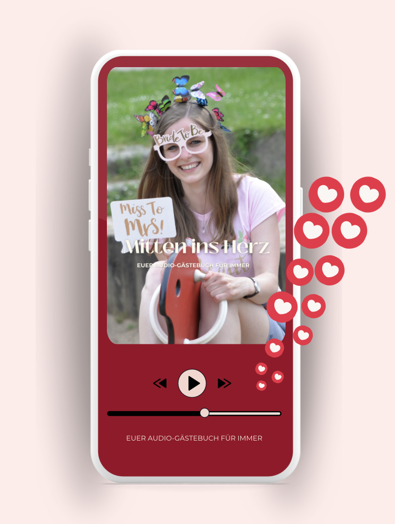 Ein personalisierter Podcast als JGA-Geschenk für die Braut – der personalisierte Podcast von Mitten ins Herz macht Erinnerungen hörbar und für immer abrufbar. Die beste Freundin oder Trauzeugin kann damit ein einzigartiges Geschenk gestalten, das auf die Braut abgestimmt ist. Enthalten sind liebevolle Sprachnachrichten von den engsten Freundinnen, emotionale Überraschungen und persönliche Geschichten, die die Vorfreude auf die Hochzeit noch schöner machen. Perfekt für alle, die nach einem individuellen JGA-Geschenk suchen, das lange über den Tag hinaus wirkt. Mitten ins Herz erstellt das perfekte Audio-Erlebnis für euren Junggesellinnenabschied!