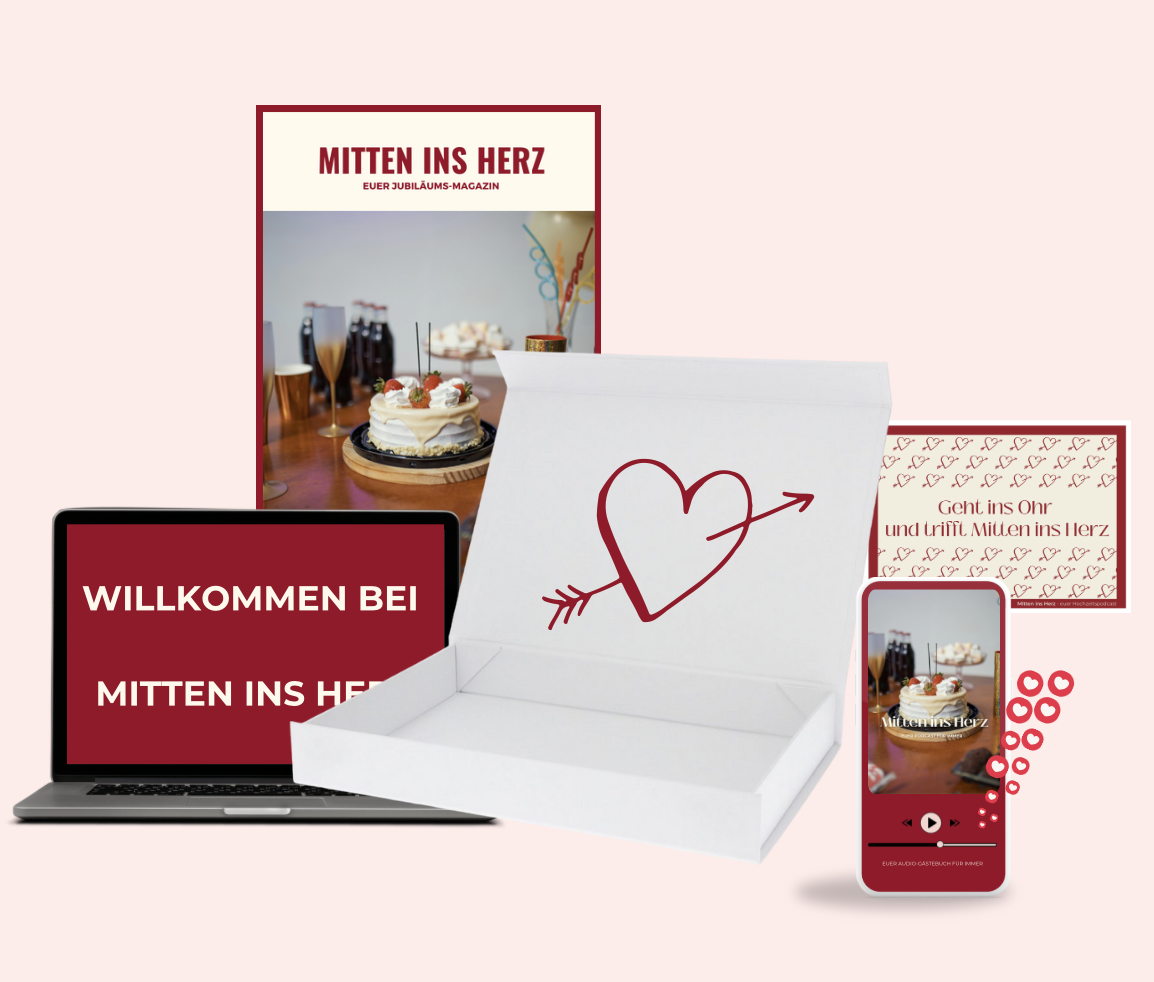 Das perfekte Jubiläumsgeschenk – Ein personalisierter Podcast voller Erinnerungen! Mit dem Mitten ins Herz Jubiläums-Podcast verschenkst du gemeinsame Momente für die Ewigkeit. Familie, Freunde oder Kollegen teilen ihre Glückwünsche und Erinnerungen in einem emotionalen Audio-Gästebuch. Das erhältst du:
✔ Personalisierter Jubiläums-Podcast mit den Stimmen deiner Liebsten
✔ Exklusives Jubiläums-Magazin mit Geschichten & Erinnerungen
✔ Hochwertige Geschenkbox & Grußkarte für eine besondere Überraschung
💰 Preis: ab 299 €
Perfekt für Hochzeitsjubiläen, Firmenjubiläen oder besondere Meilensteine. Jetzt den Mitten ins Herz Jubiläums-Podcast bestellen und Emotionen verschenken!