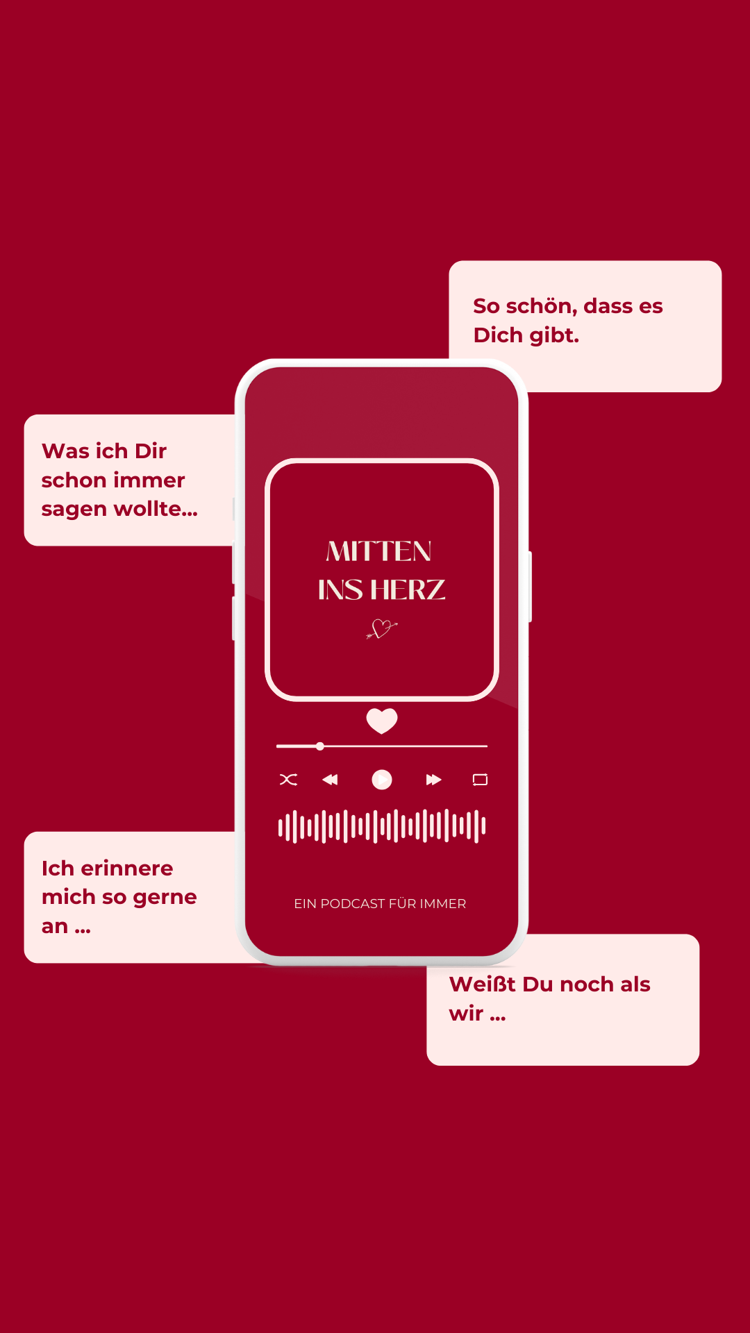 Mitten ins Herz – der personalisierte Podcast voller Erinnerungen und Herzensbotschaften als einzigartiges Geschenk. Familie und Freunde nehmen persönliche Audio-Nachrichten auf, um Geschichten, Anekdoten und Dankesworte zu teilen. Perfekt für Hochzeiten, Jubiläen, Geburtstage und besondere Anlässe. Digital, emotional und für immer bewahrt. Der individuelle Erinnerungs-Podcast für unvergessliche Momente.