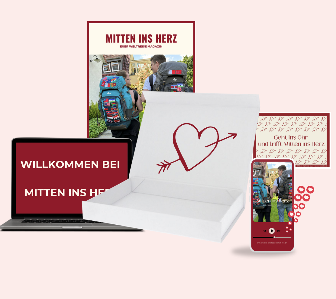Das perfekte Geschenk für Weltenbummler – Der Mitten ins Herz Weltreise-Podcast in der Premium-Geschenkbox enthält individuelle moderierte Podcastfolgen pro Gast, ein individuell gestaltetes Weltreise-Magazin und eine stilvolle Box. Die Download Dateien können auf einer personalisierten Webseite heruntergeladen werden. Ein einzigartiges Erinnerungsstück für Reisende, das Emotionen hörbar macht. Preis: ab 299 € – für alle, die mit Liebe schenken wollen.