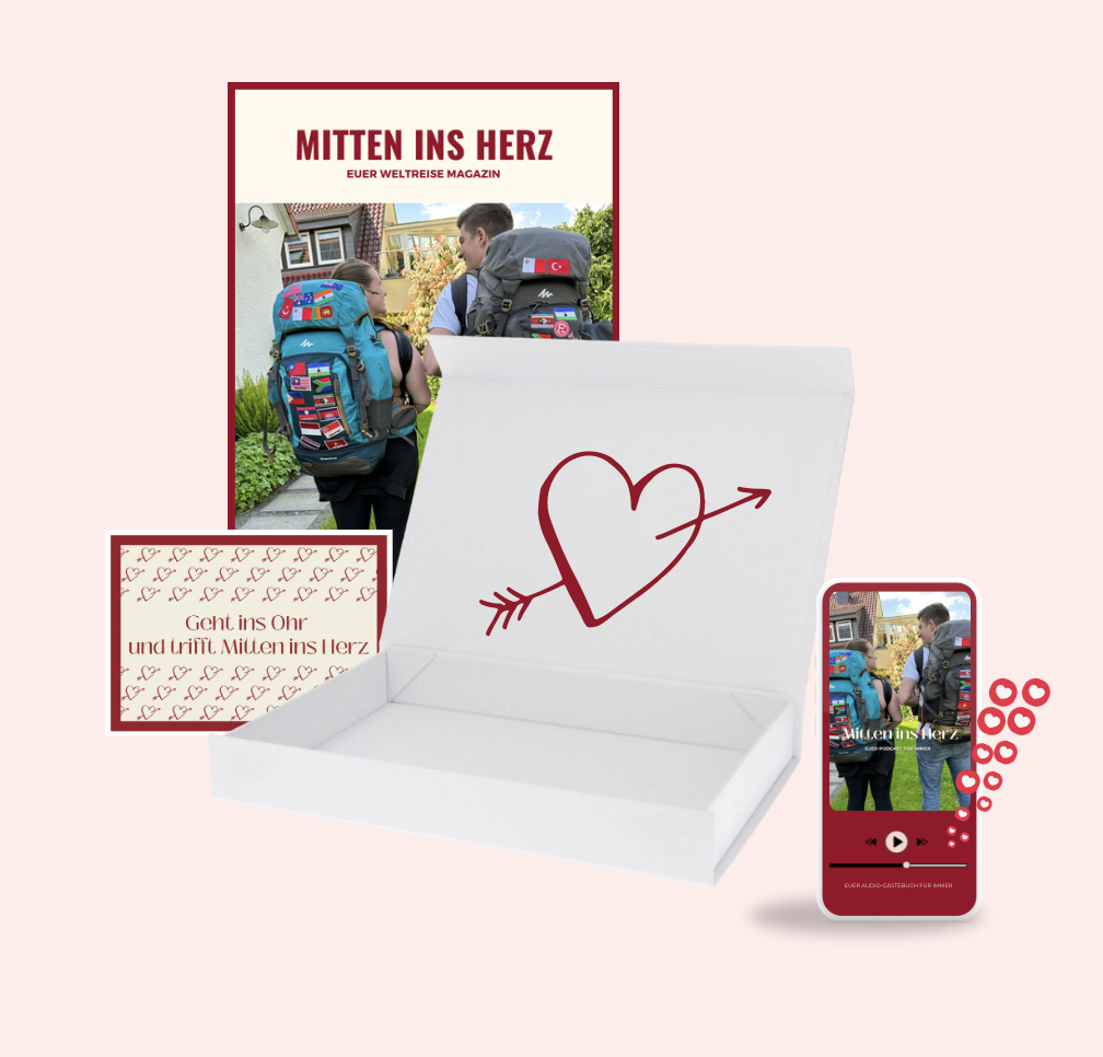 Unvergessliches Geschenk für Weltreisende – Die Mitten ins Herz Standard-Geschenkbox enthält einen persönlichen Audio-Podcast, liebevolle Botschaften von Familie und Freunden, ein individuelles Weltreise-Magazin und eine stilvolle Verpackung. Eine emotionale Überraschung für Weltenbummler, die ihre Erinnerungen für immer festhalten möchten. Preis: ab 169 € – das perfekte Geschenk für Reisende mit Herz!